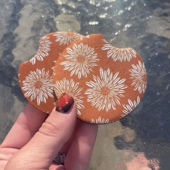 Boho Orange Floral Car Coaster Set | Floral Coaster Set | Boho Car Accessories - Picture 1 of 11
